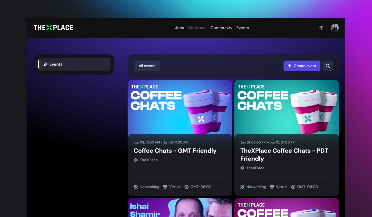 Screenshot of the events section at TheXPlace