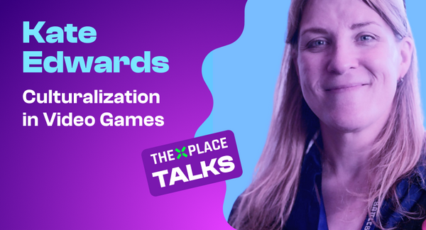 Kate Edwards with the text "Kate Edwards Culturalization in Video  Games- TheXPlace Talks"